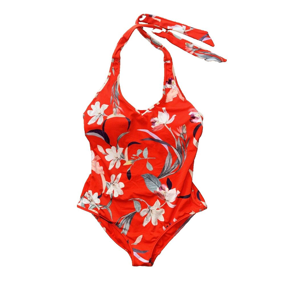 ATHLETA Med Halter Red Orange Floral Built-in Bra Beach Resort Travel Swimsuit
